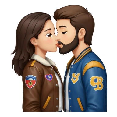 A brunette girl with a letterman jacket kissing a brunette boy with a beard and leather jacket  sticker