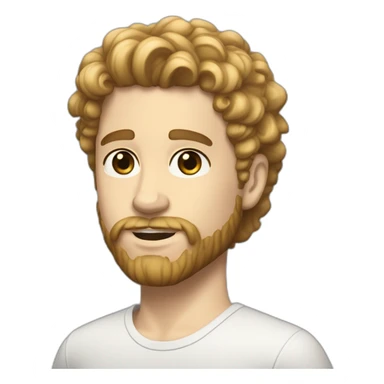 White boy, white skin, brown eyes, curly and blonde hair on the top and short on the sides, and beard sticker