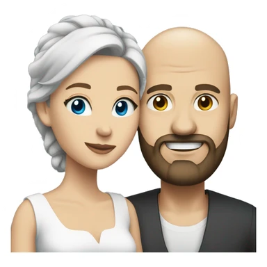 Bald man with a beard blue eyed and his young brunette wife sticker