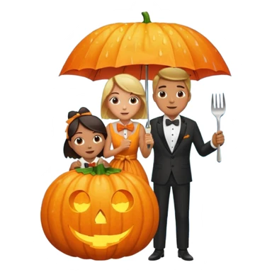 Make a guy hugging a giant pumpkin with a fork in his right hand while there's fire while there's a lady watching while it's raining while there's an umbrella on the ground that's alive and the sun has a bow tie on his neck sticker