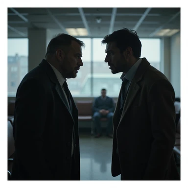 Two people arguing in a waiting room, tense expressions, cold and unwelcoming environment, hyperrealistic details, 4K resolution sticker