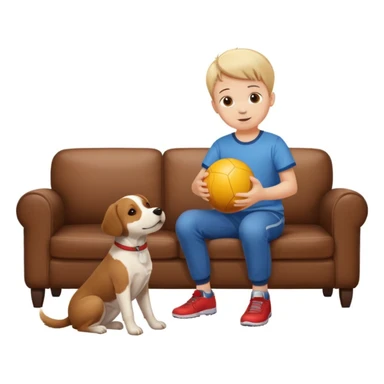 kid and dog playing with ball, living room background sticker