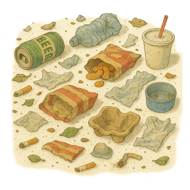 Make the trash on the floor look much messier, with more scattered items, in a ghibli style, no background. sticker