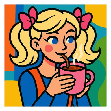 platinum blonde woman with pink bows in hair drinking hot chocolate from a pink mug, colorful and vibrant style sticker