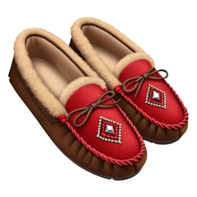 dark brown moccasins with red stiched diamond design and fluffy fur sticker