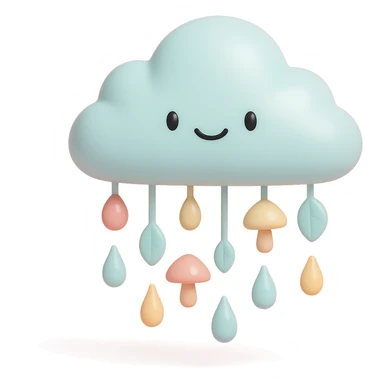 cloud raining tiny leaves and mushrooms, whimsical rain, pastel tones, vinyl figure style sticker