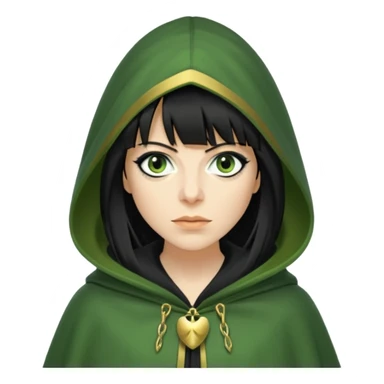 claudia winkleman with a heavy fringe as a traitor with a green hooded cloak with a gold clasp and dark black eyeliner sticker