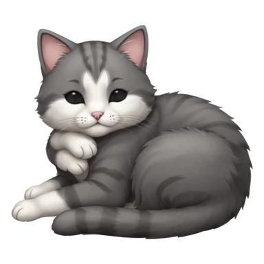 dark grey and white small cat with his eyes closed, leaning his head on his paw while leaning on his elbow lying down sticker