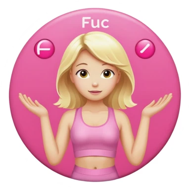 angelic blonde girl in light pink yoga outfit pushing "F U C K" pink button  sticker
