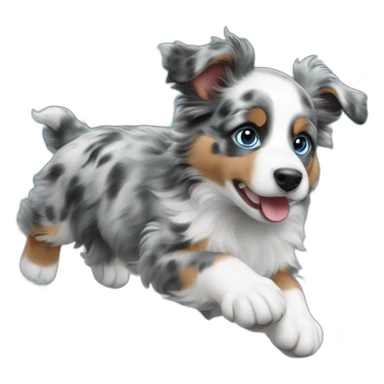 a 5 month old miniature American shepherd puppy, blue merle in color, with blue eyes,  riding a wave sticker