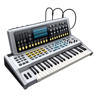 Create a professional and detailed emoji that represents sound design. The design should feature a high-end studio synthesizer, specifically a Korg synthesizer, with a mixing console and control panel, all connected with audio cables. Surround the equipment with flowing sound waves or musical notes to symbolize the creation and manipulation of sound. Use colors like metallic silver, black, and neon accents to emphasize the technical, creative nature of sound design. The background should be transparent. sticker