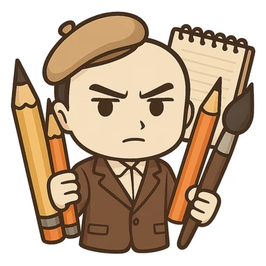 Make this chibi sticker mascot more serious and professional, keeping it gender-neutral. Add a focused expression, organized art supplies, and a more sophisticated vibe. No background. sticker