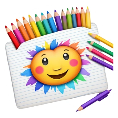 colorful drawing on paper with crayons and pencils nearby, fun and inviting sticker
