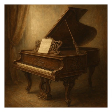 romantic period classical piano, soft lighting, vintage, intricate woodwork, sheet music, artistic sticker