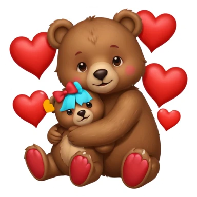 girl bear with bow and boy bear hugging, surrounded by hearts, playful and loving, cute sticker