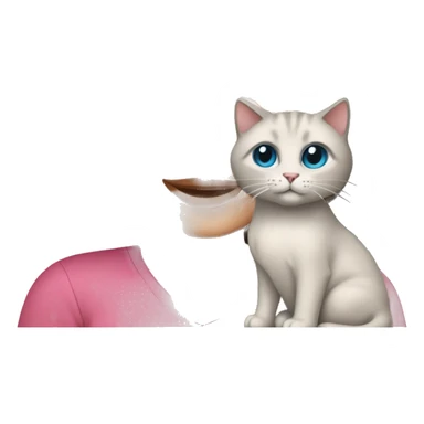 White woman with blue eyes and long dark hair wearing a pink shirt and holding a tabby cat sticker