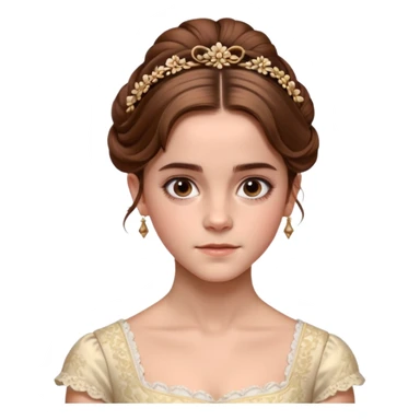 Cinematic Emma Watson Realistic Rococo Portrait, depicted with lifelike skin texture, subtle rosy undertones, and soft natural lighting that enhances the gentle contours of her face. Her intricately detailed brown hair is elegantly styled in an updo, sticker