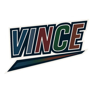 Vince name in masculine, modern, gradient font with precise Hungarian characters, dark contour, extra wide and prominent white letter frame as in sample images, dynamic slanted underline, masculine color shades (blue, gray, burgundy, green, brown), 1000x1000 px, PNG, transparent background sticker