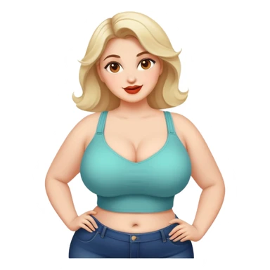woman with voluptuous body, wearing trendy clothes, cheerful face sticker