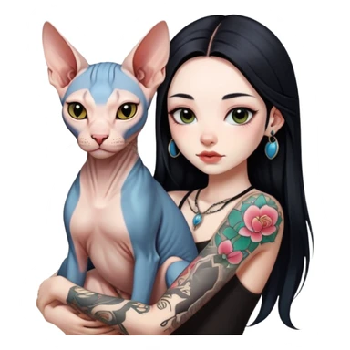 a Chinese girl with long black  straight hair and tattoos and Sphynx sticker