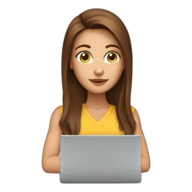 White woman brown long hair and brown eyes on arms looking at a laptop sticker