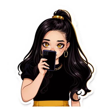 Beautiful young girl with dark choppy long hair flows as she holds her black phone with a gold septum ring that shines  sticker