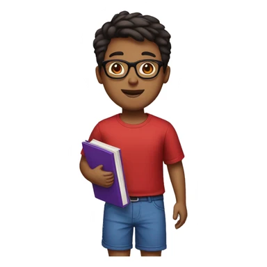 a brown boy in a red and black shirt, blue shorts, wearing sandals, short hair and black glasses, holding a purple book sticker
