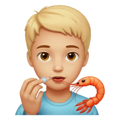 Emoji-style person tasting a weird-looking shrimp, curious expression, cute rounded face, soft shading sticker
