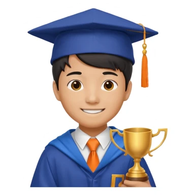 An asian man wearing student hat, blue student mantle and orange tie, holding a trophey sticker