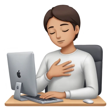 Person with closed eyes, deep breath, hand on chest, computer with email open in front of them sticker