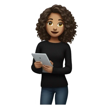 Brunette girl with wavy hair in black sweater with opened shoulders with iPad  sticker
