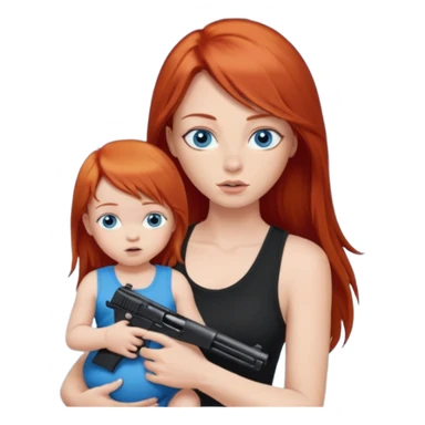 A red head with long straight hair, she has blue eyes with big boobs. She’s wearing a black tank top and holding a gun up in one hand and a baby boy with blue eyes sucking on one of her boobs in the other arm sticker