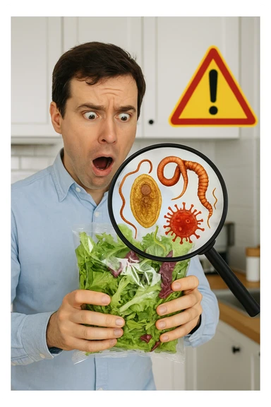 a man holds a bag of salad with both hands, his face frozen in shock as he looks at the contents. Inside the bag, exaggerated but realistic depictions of parasites and bacteria are visible, some highlighted with a magnifying glass overlay. The background is a clean kitchen, and a warning sign appears in the corner to reinforce the message about food safety. sticker