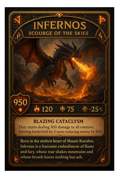 Make an epic role-playing card featuring a legendary fire-breathing dragon named Infernos, Scourge of the Skies. The card should display its stats: 950 HP, 120 fire power, and 75 armor that reduces physical damage by 25%. Highlight its special ability, Blazing Cataclysm—a fiery storm that deals 300 damage to all enemies and burns the battlefield for 2 turns, reducing enemy healing by 50%. The design should be ornate and collectible, with glowing ember accents, ancient dragon runes, and a dramatic illustration of Infernos flying over a scorched battlefield with molten lava and smoke. Add a lore-rich description: “Born in the molten heart of Mount Kuralon, Infernos is a fearsome embodiment of flame and fury, whose roar shakes mountains and whose breath leaves nothing but ash sticker