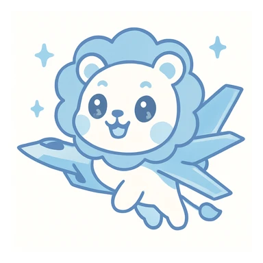 A whimsical lion character reminiscent of Nyan Cat with F-35 fighter jet wings, blue and white color scheme, soaring upward, playful and energetic style sticker
