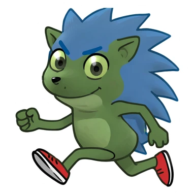Sanic the Hedgehog, running pose, blue spiky hair, meme style sticker