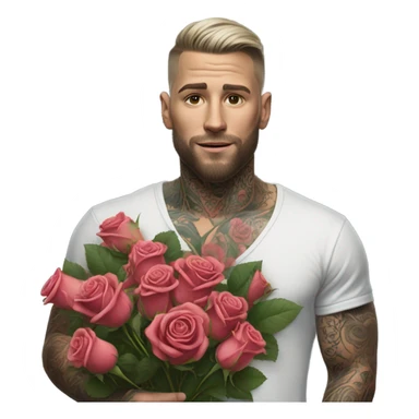 Hyper Realistic handsome tattooed man holding a bouquet of roses sticker