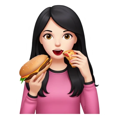 White girl in pink clothes and long black hair eating burger and pizza sticker