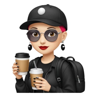 ["A happy woman with light skin, bald, wearing a baseball cap and sunglasses, dressed in goth fashion, is drinking coffee while holding a backpack."] sticker