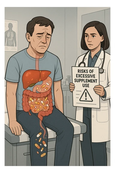 a man sits on a doctor’s examination table, looking fatigued and uncomfortable. A transparent anatomical overlay reveals his liver and intestines, both appearing inflamed and congested, with stylized supplement capsules and pills scattered throughout the digestive tract. The doctor stands nearby, holding a chart that highlights the risks of excessive supplement use. The mood is clinical and educational. sticker