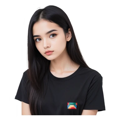 white girl, black long straight hair, brown eyes, dark eyebrows, small lips, black t-shirt sticker