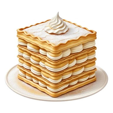 Cinematic Realistic Mille-Feuille Dessert Emoji, depicted as layered puff pastry with rich cream and a dusting of powdered sugar rendered with intricate textures and elegant, soft lighting. sticker