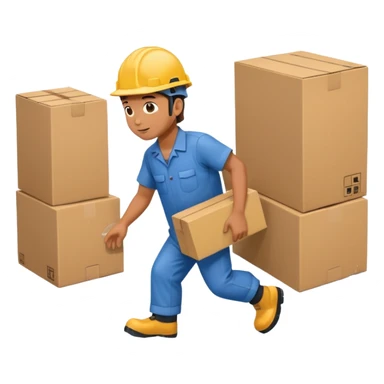 Animación educativa sobre un accidente laboral en un entorno industrial. Un trabajador de fábrica, con casco pero sin otros elementos de protección personal, resbala en un piso mojado y cae al suelo mientras transporta una caja. sticker