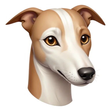 Cinematic Noble White and Brown Greyhound Portrait Emoji, Poised and regal, with a slender, aerodynamic build and a sleek Fur of pristine white accented by warm brown markings, deep-set soulful eyes, Simplified yet sharp and sophisticated features, highly detailed, glowing with a soft, dignified glow, high shine, intelligent and agile, stylized with an air of elegance, focused and attentive, soft glowing outline, capturing the essence of a watchful and swift companion, so majestic it feels as though it could dash out of the screen with effortless authority! sticker