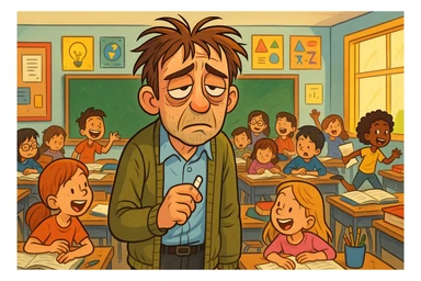 digital cartoon art of a exhausted teacher in a bustling classroom sticker