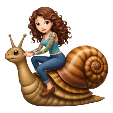 cute woman long curly brown hair tattoos riding giant snail sticker