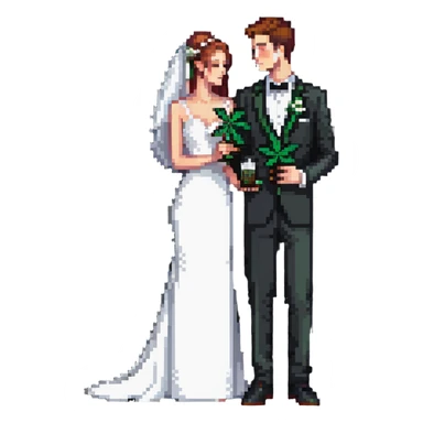 A bride in white wedding dress and groom in tuxedo, full body, sharing cannabis, wedding couple sticker