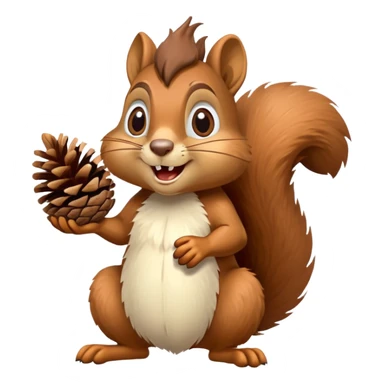 A greedy squirrel with a large pine cone balanced on its head, making a weird facial expression, wide eyes, and mischievous grin sticker