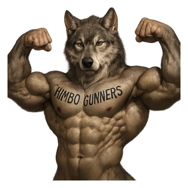 hyper-realistic, extremely muscular wolf furry, shirtless, 'Himbo Gunners' tattoo across chest, flexing, focused and strong sticker