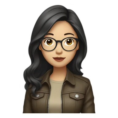 asian girl with glasses and a leather jacket with a  khaki shirt and long dark hair sticker